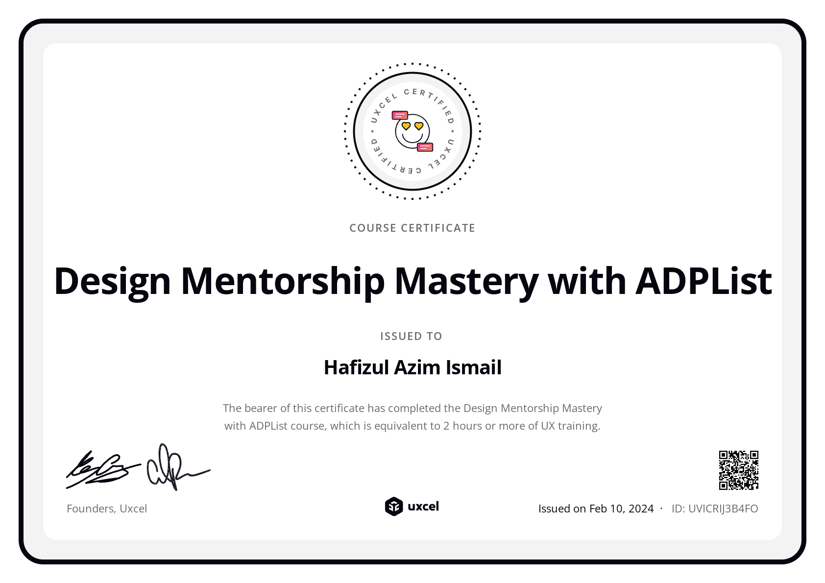 Hafizul Azim Ismail's certificate